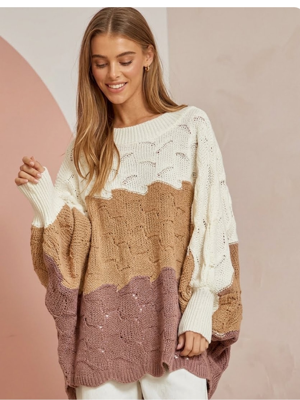 Andree Cream, Tan & Brown Wave Colorblock Knit Crewneck oversized Sweater